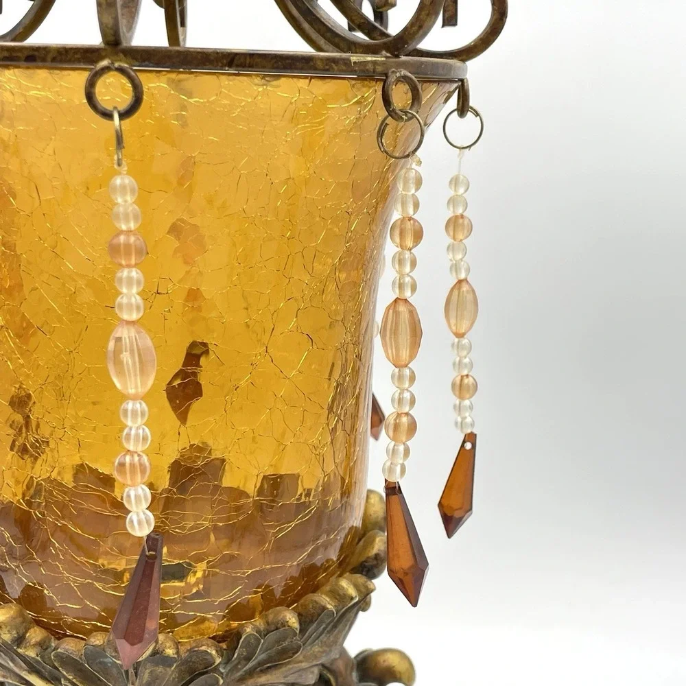 Vintage Bombay Company Bronze Amber Crackle Glass Beaded Table Lamp Tested/Works
